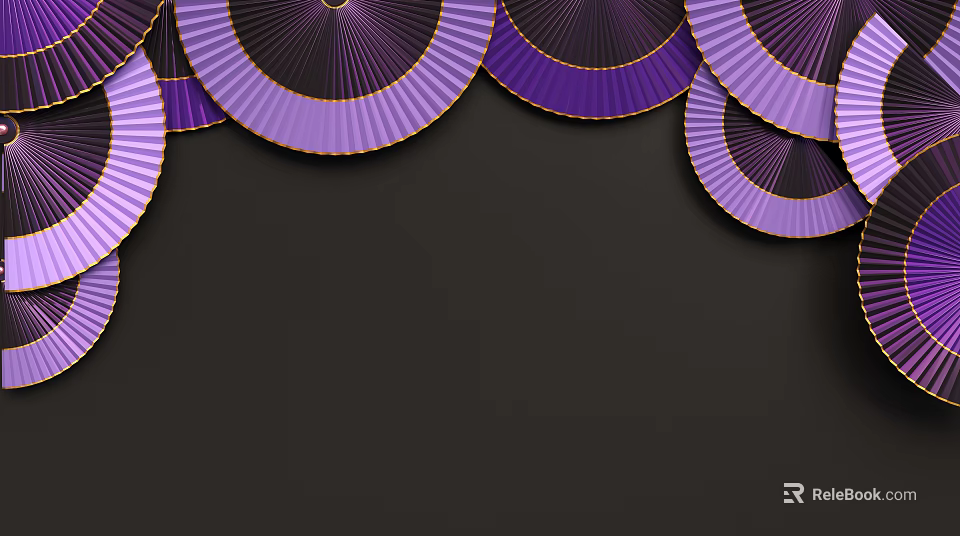 Dark Background Wall Adorned With Purple And Gold Fan Shaped Decorations 3d model 