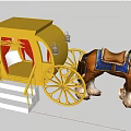 Festive Garden Landscape With Yellow Carriage Brown Horse And Decorated Christmas Tree