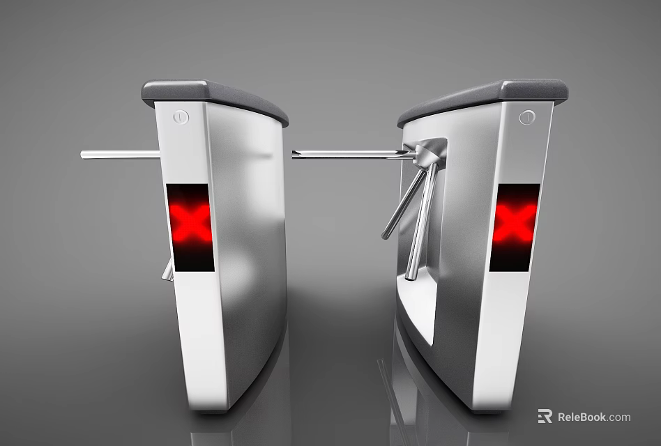 Public Facility Turnstile With Silver Metal Body And Red Indicator Lights 3d model 