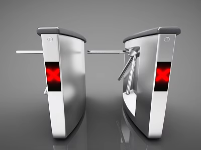 Public Facility Turnstile With Silver Metal Body And Red Indicator Lights 3d model