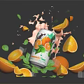 Orange Slices Splashing Juice With Open Drink Can Ice Cubes Mint Leaves On Black Background