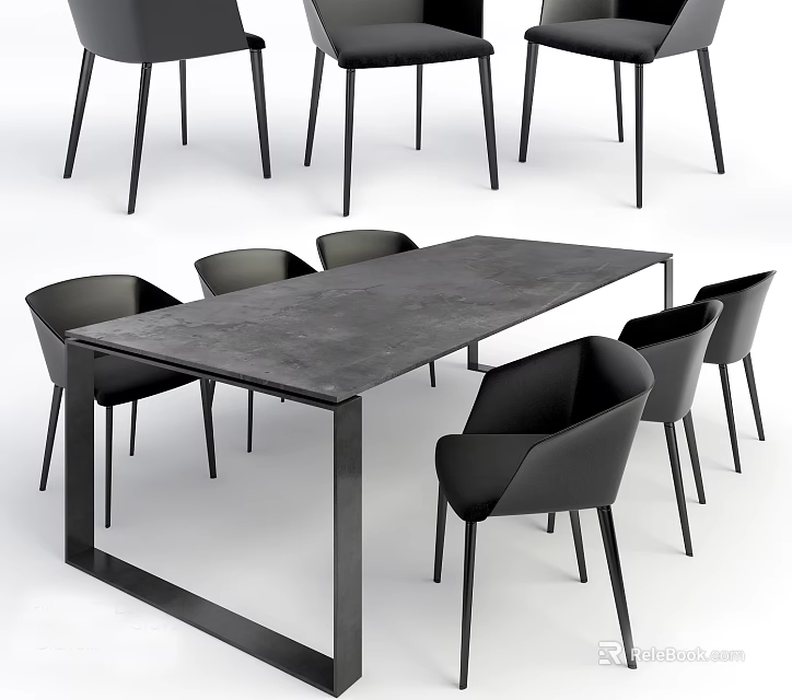 Modern Minimalist Dining Table Set With Rectangular Black Table And Matching Chairs 3d model