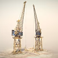 Industrial Tower Cranes With Stable Base And Metal Structure In Foggy Environment