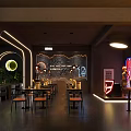 Modern Bar Interior Design With Stylish Lighting Fixtures Tables Chairs Bar Counter And Windows