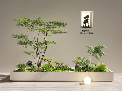 Indoor Landscape Design With Planter Box Tree Ferns Window Silhouette Lamp And Wooden Floor 3d model
