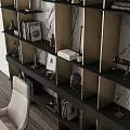Modern Office Desk With Marble Wall Background Decorative Shelves Books Sculptures And Desk Lamp