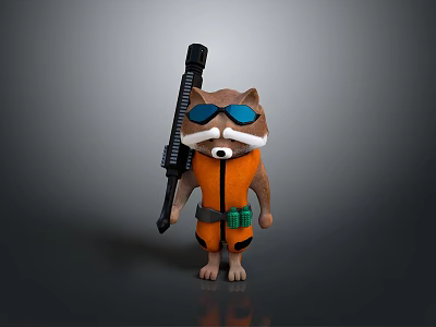 Cartoon Raccoon Character with Blue Sunglasses in Orange Outfit and Green Pouch Holding Black Gun 3d model