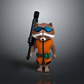 Cartoon Raccoon Character with Blue Sunglasses in Orange Outfit and Green Pouch Holding Black Gun