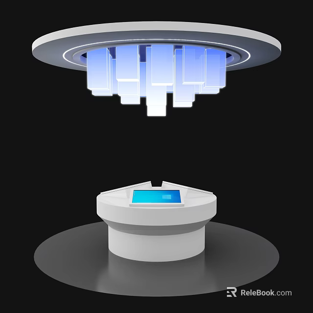 Modern Public Facility With White Circular Counter Blue Touchscreen And Circular Overhead Light Fixture 3d model 