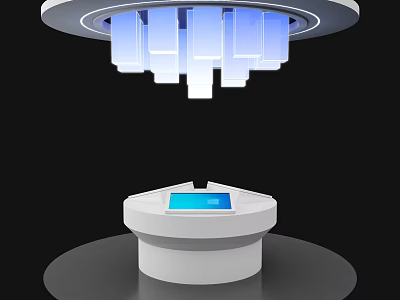 Modern Public Facility With White Circular Counter Blue Touchscreen And Circular Overhead Light Fixture 3d model