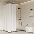 Modern Bathroom Interior With White Tiled Walls Shower Curtain And Black Fixtures