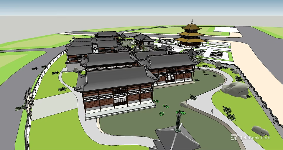 Ancient Chinese Architectural Complex Featuring Traditional Courtyard Pagoda and Wooden Eaves 3d model 