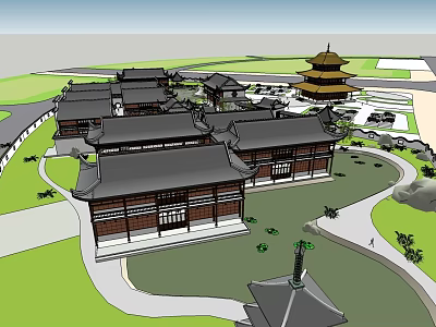 Ancient Chinese Architectural Complex Featuring Traditional Courtyard Pagoda and Wooden Eaves 3d model