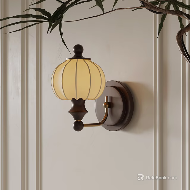 Traditional Lantern Wall Lamp With Beige Lampshade And Brown Base On White Wall 3d model 