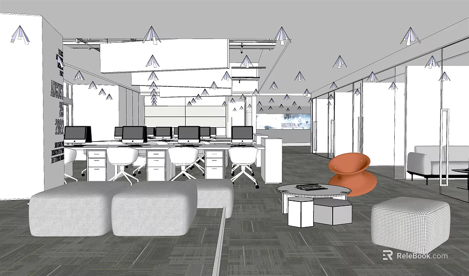 Modern Public Office Space With Open Layout Desks Computers Hanging Lights Sofas And Orange Chair 3d model