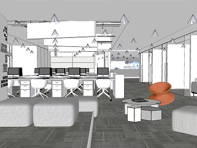 Modern Public Office Space With Open Layout Desks Computers Hanging Lights Sofas And Orange Chair 3d model