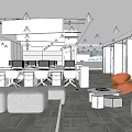 Modern Public Office Space With Open Layout Desks Computers Hanging Lights Sofas And Orange Chair 3d model