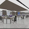 Modern Public Office Space Interior With Work Desks Computers Ergonomic Chairs And Hanging Lights 3d model