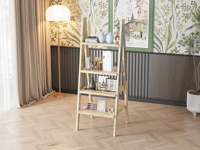 Wooden Ladder Bookshelf With Books Decorations And Vases In Modern Interior Home Decor 3d model