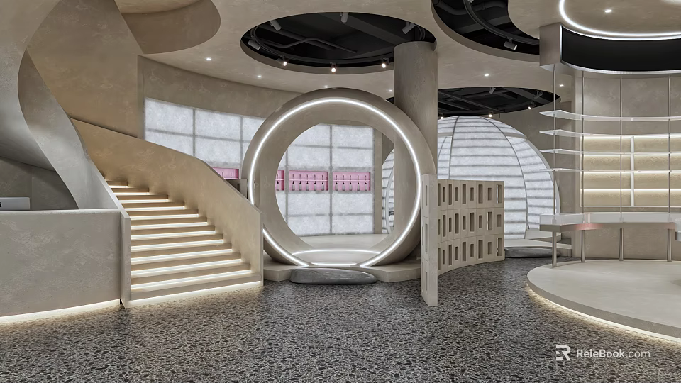 Modern Café Interior Design With Curved Lighting Arch And Staircase Decor 3d model 