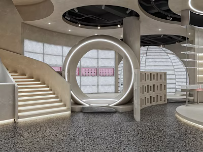 Modern Café Interior Design With Curved Lighting Arch And Staircase Decor 3d model