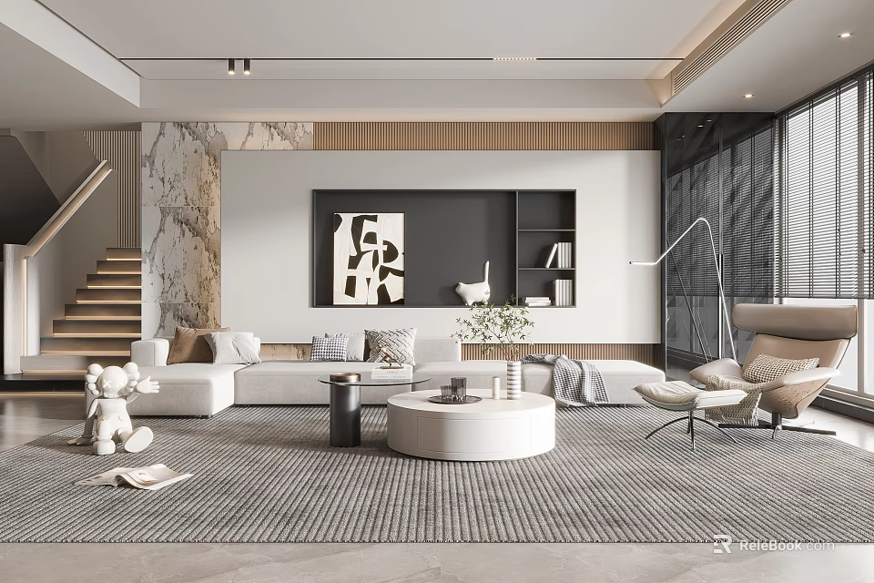 Modern Living Room Interior Featuring Marble Wall Sofa Round Coffee Table Abstract Painting And Staircase 3d model 
