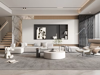 Modern Living Room Interior Featuring Marble Wall Sofa Round Coffee Table Abstract Painting And Staircase 3d model