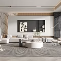 Modern Living Room Interior Featuring Marble Wall Sofa Round Coffee Table Abstract Painting And Staircase