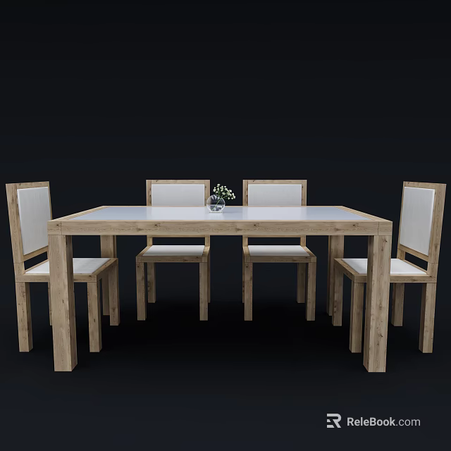 Simple Modern Wooden Dining Table Set With Four Chairs And Vase Flowers 3d model 