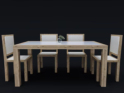 Simple Modern Wooden Dining Table Set With Four Chairs And Vase Flowers 3d model