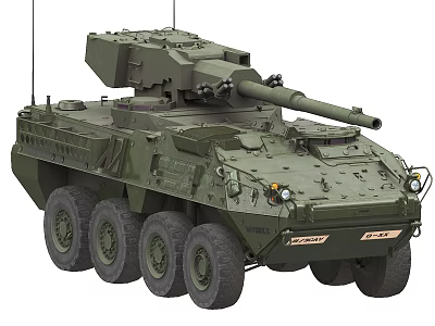 Green Six Wheeled Military Armored Vehicle With Turret And Cannon 3d model