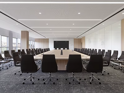 Modern Conference Room Interior Design With Long Table Black Chairs And Ceiling Lights 3d model