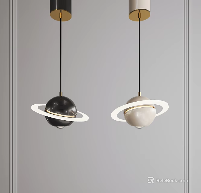 Modern Spherical Pendant Light Design With Circular Ring Detail In Black And White 3d model