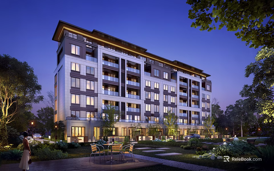 Modern Mid Rise Residential Building With Balconies Landscaped Garden Courtyard And Evening Lighting 3d model 