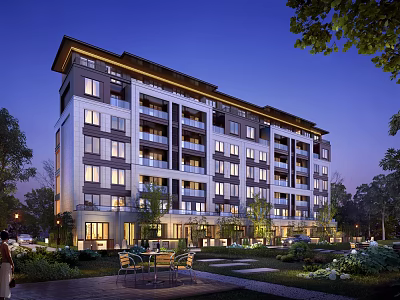 Modern Mid Rise Residential Building With Balconies Landscaped Garden Courtyard And Evening Lighting 3d model