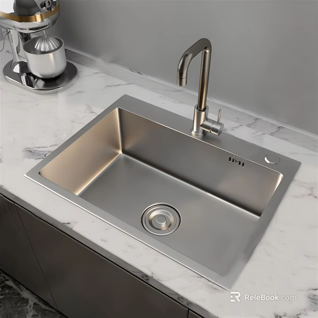 Stainless Steel Single Bowl Kitchen Sink With Modern Faucet On Marble Countertop 3d model 