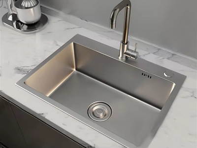 Stainless Steel Single Bowl Kitchen Sink With Modern Faucet On Marble Countertop 3d model