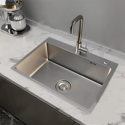 Stainless Steel Single Bowl Kitchen Sink With Modern Faucet On Marble Countertop 3d model
