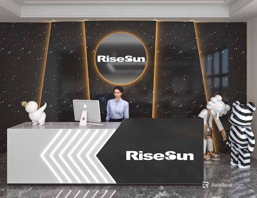 RiseSun Store Front Desk With Black Starry Wall Golden Lines And White Sculptures 3d model 