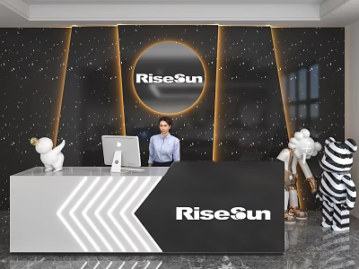 RiseSun Store Front Desk With Black Starry Wall Golden Lines And White Sculptures 3d model