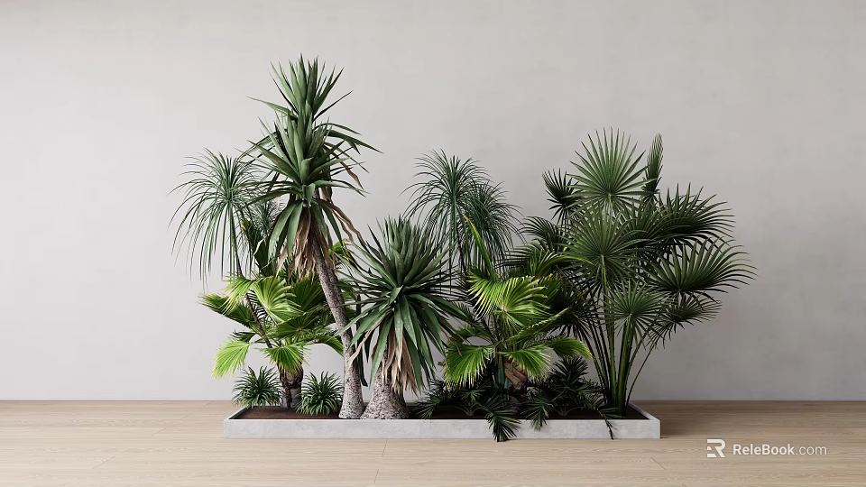 Diverse Green Plants Including Palms And Yuccas In Rectangular Concrete Planter On Wooden Floor 3d model 