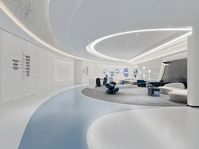 Modern Lounge Area Interior Design With White Blue Curved Layout And Comfortable Seating 3d model