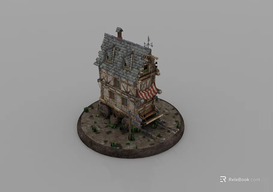 Small House Model With Attic Chimney Striped Awning On Round Base And Small Plants 3d model 