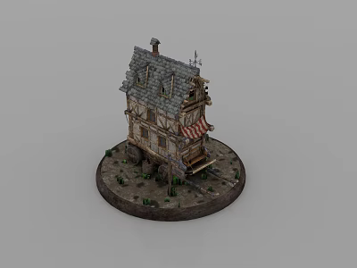 Small House Model With Attic Chimney Striped Awning On Round Base And Small Plants 3d model