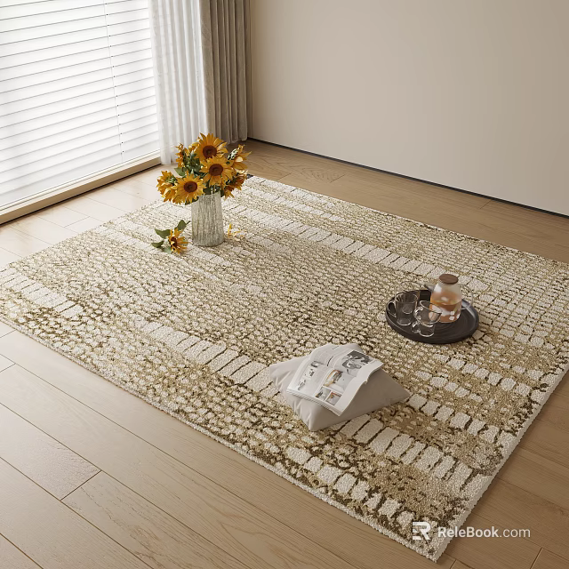 Beige And Gold Textured Square Area Rug With Sunflower Vase Tray On Wooden Floor 3d model 