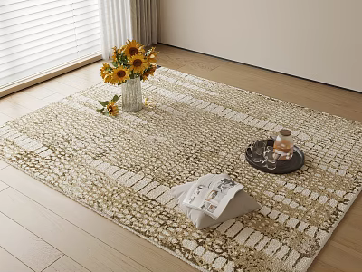 Beige And Gold Textured Square Area Rug With Sunflower Vase Tray On Wooden Floor 3d model