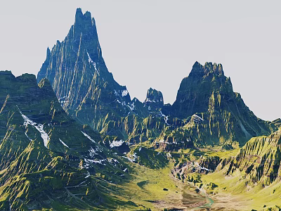 Majestic Green Mountain Range With Sharp Peaks Snow Patches Valleys And Lush Grasslands 3d model