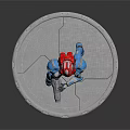 Armored Character Model Featuring Red Helmet Blue Armor Green Glowing Accents And Silver Circular Base