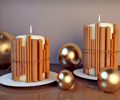 Decorative Candle Lamps With Cinnamon Sticks Lit Candles Gold Ornaments On White Plates 3d model