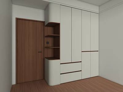 Modern White Wardrobe With Open Shelves Drawers And Wooden Door Interior Design 3d model